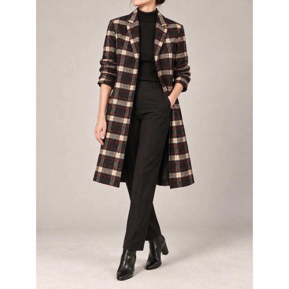 L 217 Jones Wear Plaid Wool Blend Long Coat Black Red Cream Button Front Lined